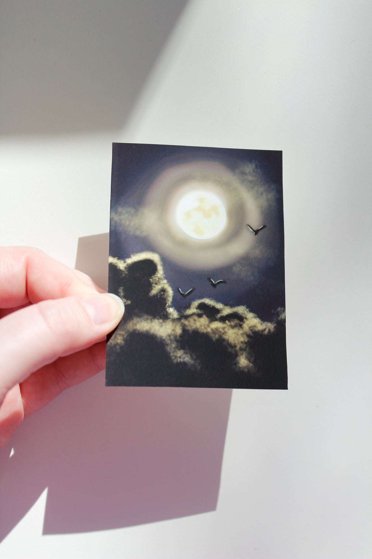 Bats in a Full Moon Art Print, Night Sky Miniature Art (ACEO)