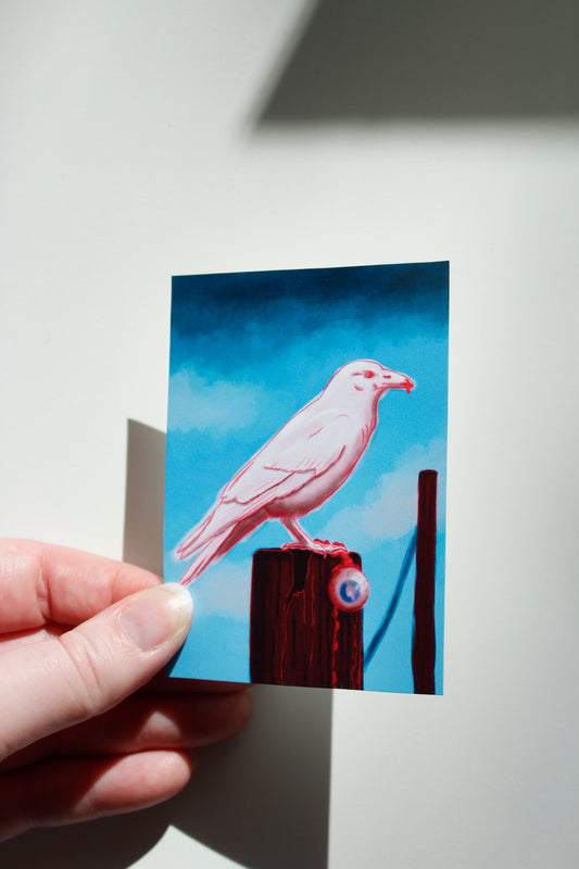 White Raven with Stolen Eyeball Art Print, Creepy Bird Miniature Art Print (ACEO)