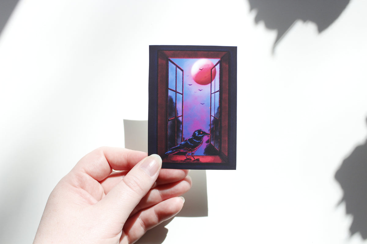Spooky Crow on Window with Full Moon Art Print, Gothic Creepy Art (ACEO)