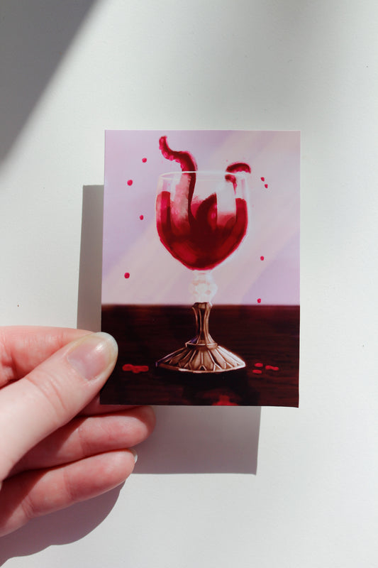Whimsical Wine Tentacle Monster in Glass Art Print, Silly Creature Art (ACEO)