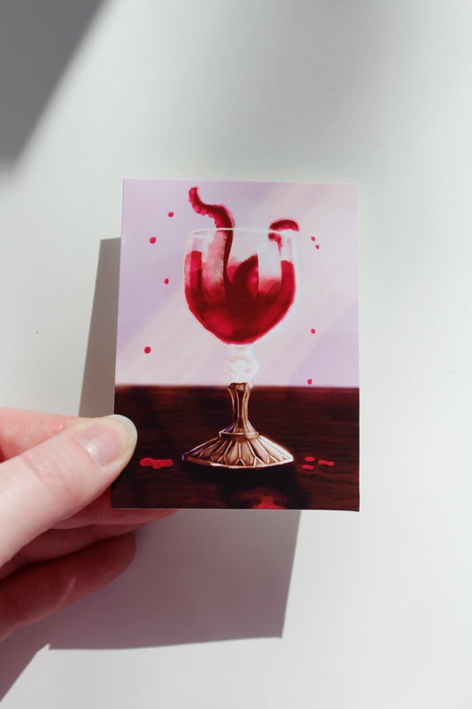 Whimsical Wine Tentacle Monster in Glass Art Print, Silly Creature Art (ACEO)