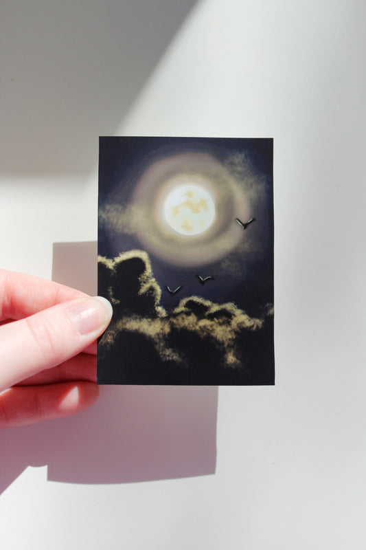 Bats in a Full Moon Art Print, Night Sky Miniature Art (ACEO)