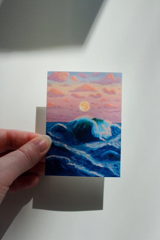 Moon Over the Ocean Waves at Sunset Art Print (ACEO)