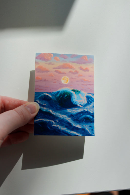Moon Over the Ocean Waves at Sunset Art Print (ACEO)
