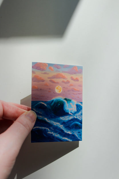 Moon Over the Ocean Waves at Sunset Art Print (ACEO)