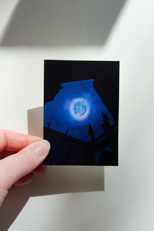 Full Moon at Church Art Print, Moody Gothic Architecture Miniature Print (ACEO)