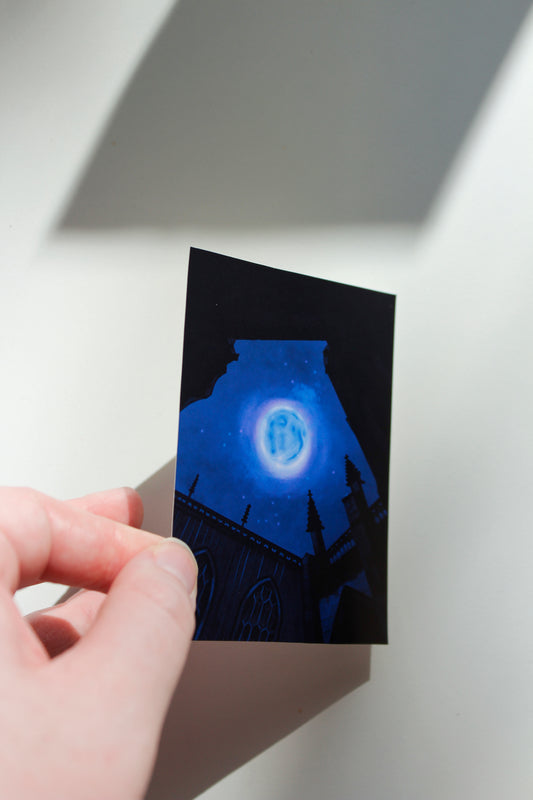 Full Moon at Church Art Print, Moody Gothic Architecture Miniature Print (ACEO)
