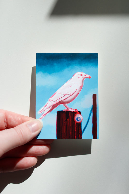 White Raven with Stolen Eyeball Art Print, Creepy Bird Miniature Art Print (ACEO)