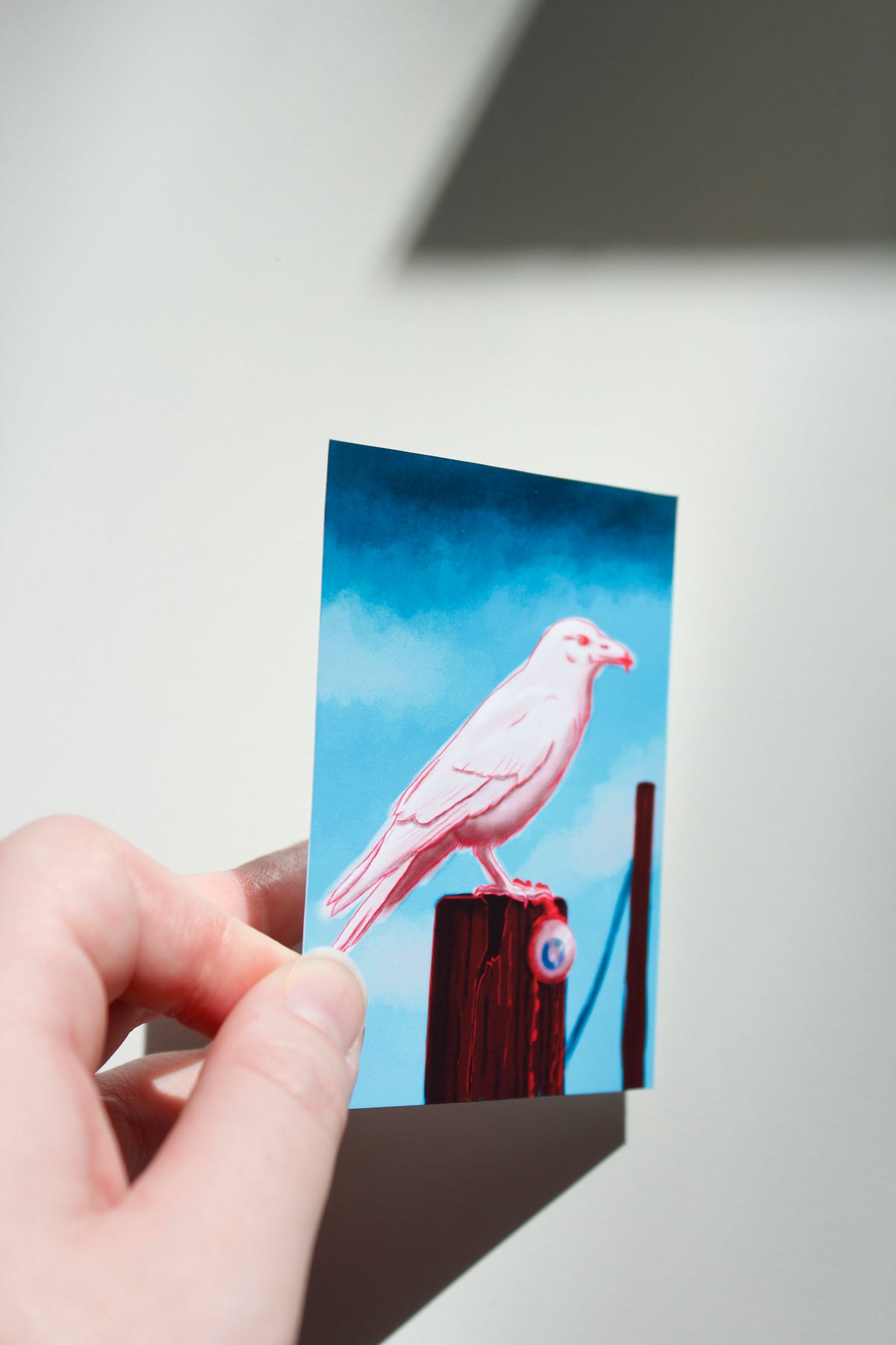 White Raven with Stolen Eyeball Art Print, Creepy Bird Miniature Art Print (ACEO)