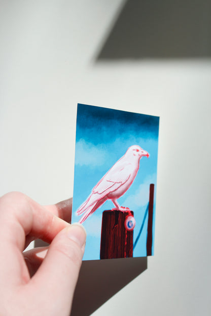White Raven with Stolen Eyeball Art Print, Creepy Bird Miniature Art Print (ACEO)