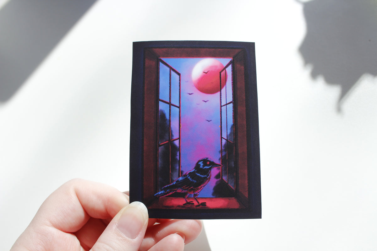 Spooky Crow on Window with Full Moon Art Print, Gothic Creepy Art (ACEO)