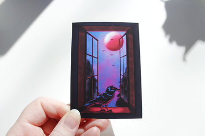 Spooky Crow on Window with Full Moon Art Print, Gothic Creepy Art (ACEO)