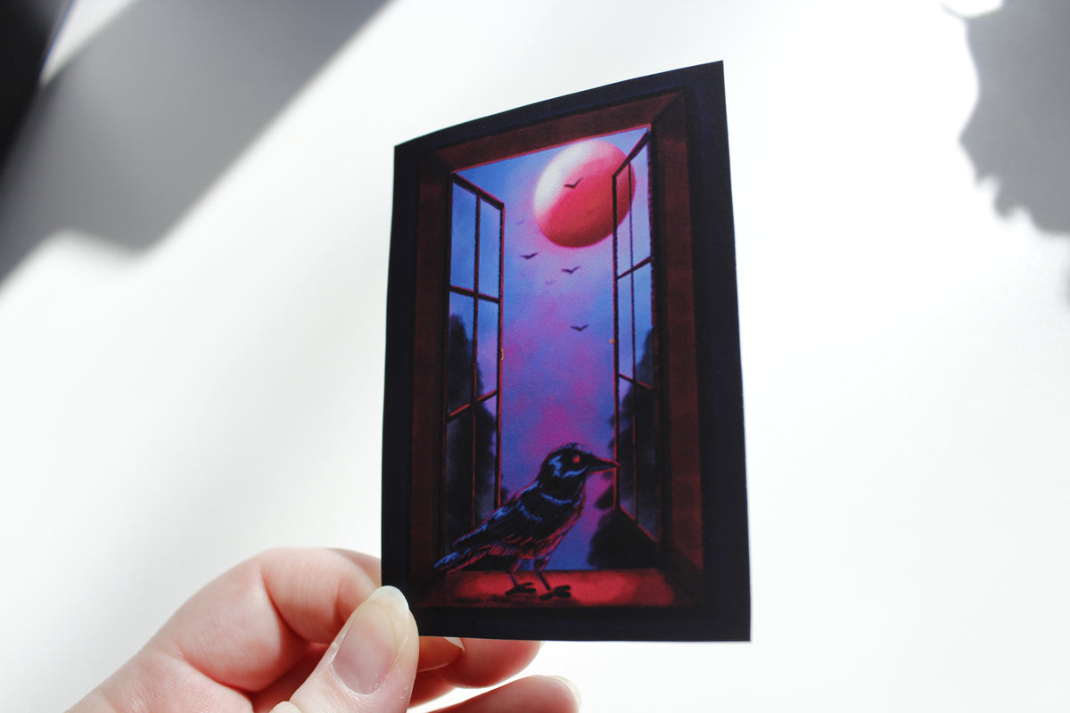 Spooky Crow on Window with Full Moon Art Print, Gothic Creepy Art (ACEO)