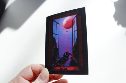 Spooky Crow on Window with Full Moon Art Print, Gothic Creepy Art (ACEO)