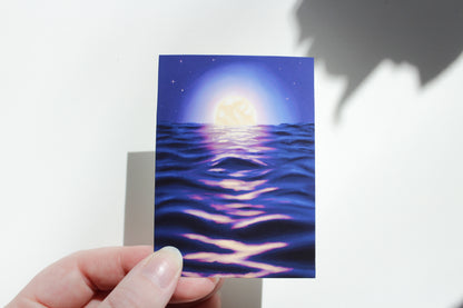 Full Moon Over Ocean At Night Art Print, Serene Peaceful Sea Art (ACEO)