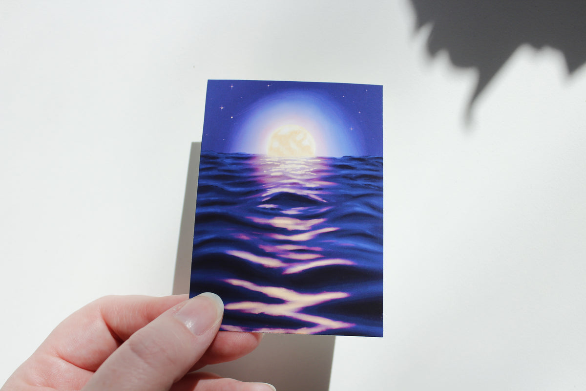 Full Moon Over Ocean At Night Art Print, Serene Peaceful Sea Art (ACEO)