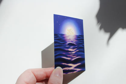 Full Moon Over Ocean At Night Art Print, Serene Peaceful Sea Art (ACEO)