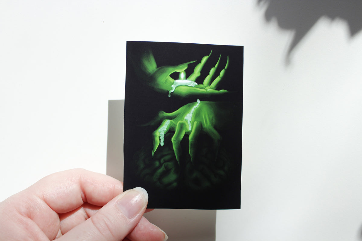 Creepy Magical Witch Spell Art Print, Haunted Hands and Brain Illustration (ACEO)