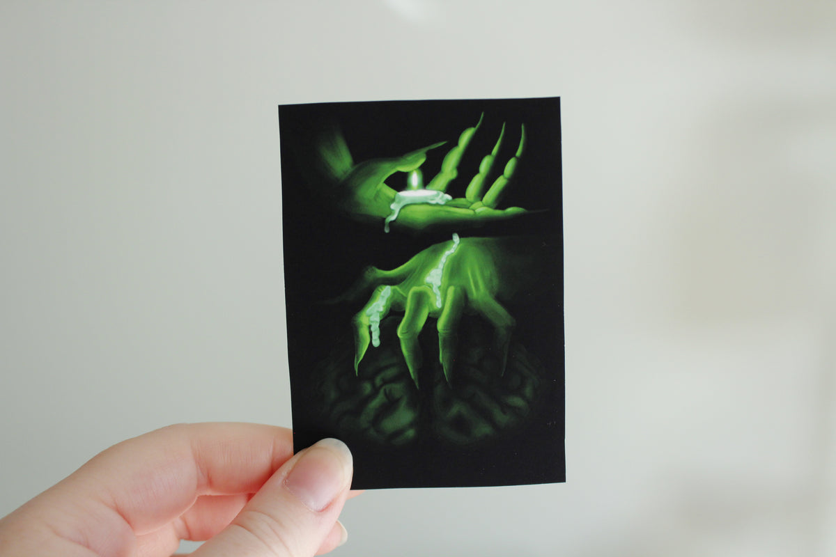 Creepy Magical Witch Spell Art Print, Haunted Hands and Brain Illustration (ACEO)